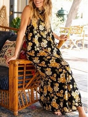 Natural Life Yellow Flower Sleeveless Maxi Dress In Black In Large/XL